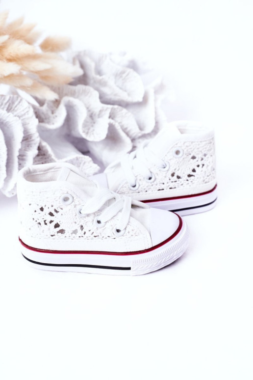 Vaikiški aukšti sportbačiai su nėriniais, balti...