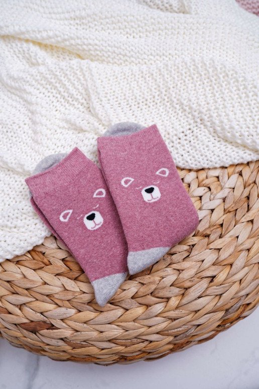 Moteriškos šiltos rožinės kojinės su meškiukais